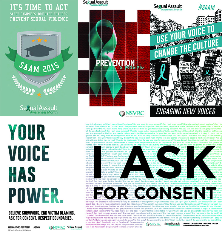 Posters with the themes: "It's time to act," "Prevention is possible," "Engaging New Voices," "Your voice has power," and "I ask for consent"