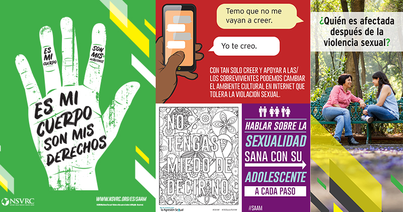 Spanish SAAM content: "Es mi cuerpo, son mis derechos," "Yo te creo," "Quien es afectada despues de la violencia sexual," "Hablar sobre la sexualidad sana con su adolescente a cada paso," and "No tengas miedo de decir no"