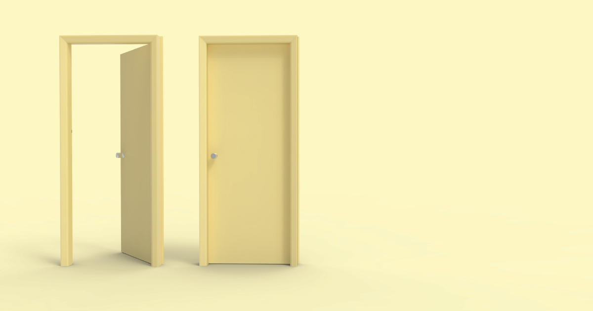 Two yellow doors against a yellow background. One door is open and one is closed.
