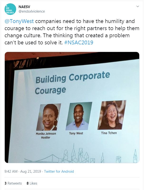 Tweet from NAESV: "@TonyWest companies need to have the humility and courage to reach out for the right partners to help them change culture. The thinking that created a problem can't be used to solve it. #NSAC2019"