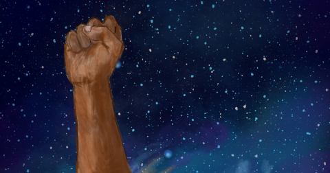 Illustration of a Black person's raised fist against a night sky