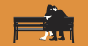 Drawn image of a couple sitting on a bench, hugging