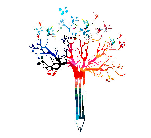 Colorful illustration of a pencil that is sprouting branches