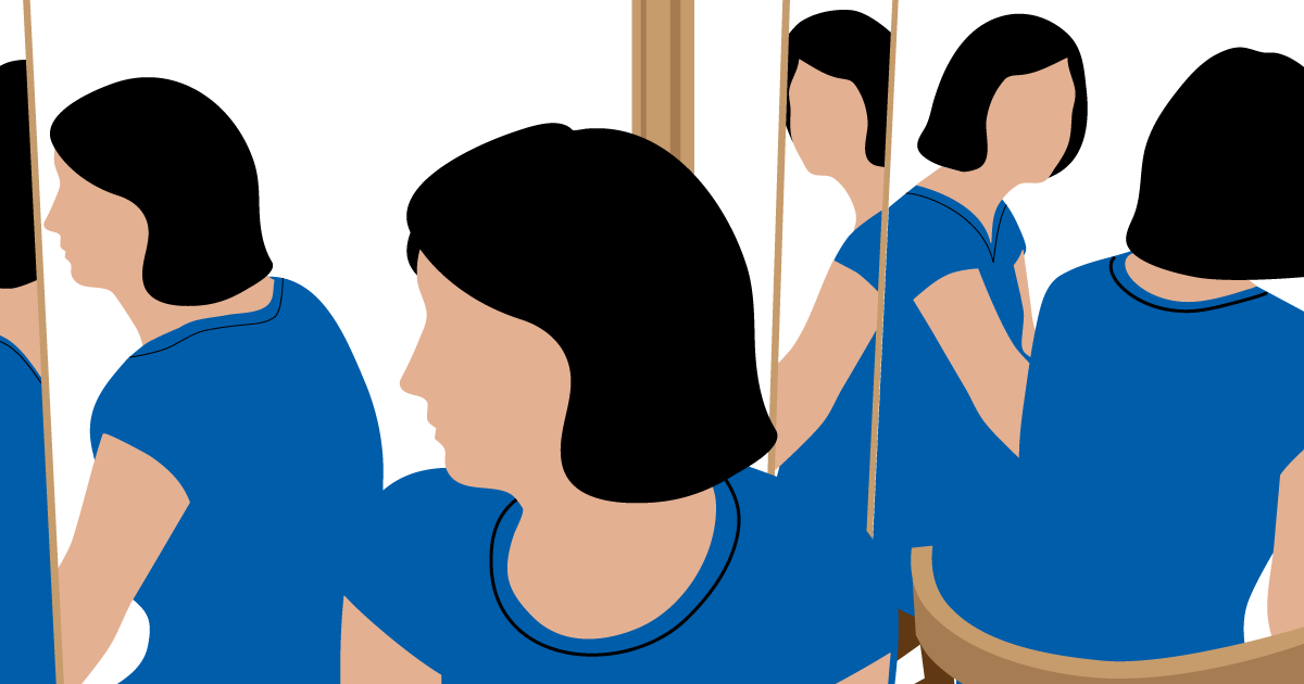 Woman looking in many different mirrors