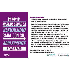 Postcard that says "Hablar sobre la sexualidad sana con su adolescente a cada paso"