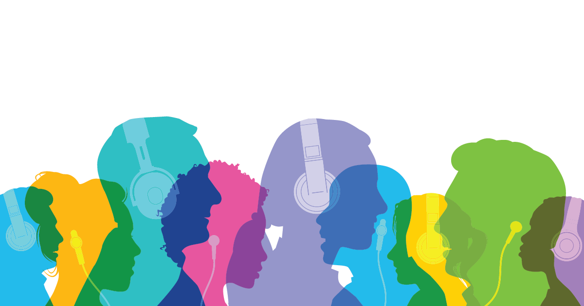 Multicolored profiles of people wearing headphones
