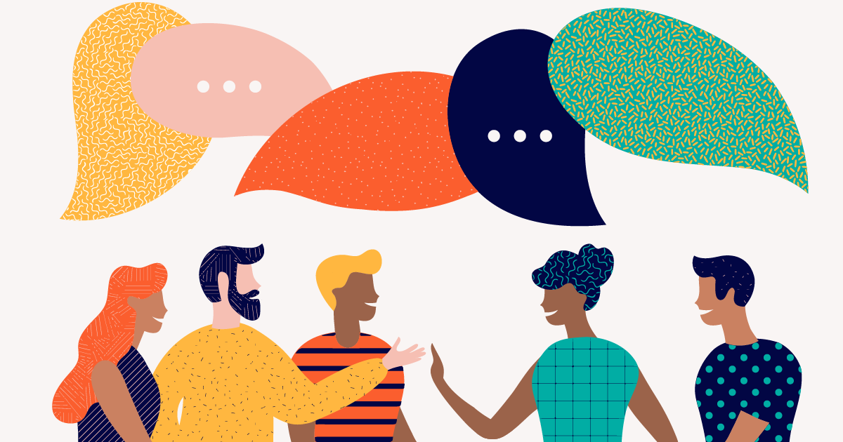 Illustration of people with brightly colored speech bubbles above their heads