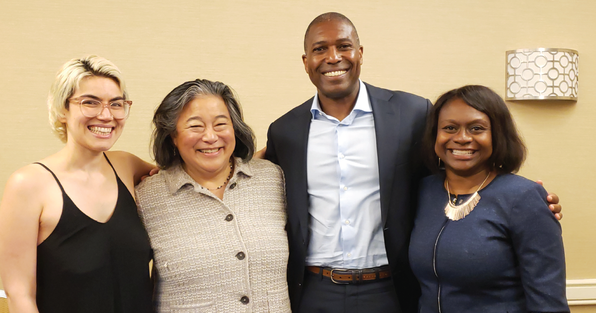 Ms. Magazine's Carmen Rios, Time's Up's Tina Tchen, Uber's Tony West, and RALIANCE's Monika Johnson Hostler pose for a photo