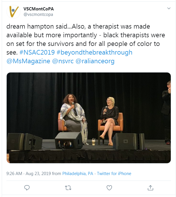 Tweet from VSCMontCoPA: "dream hampton said...Also, a therapist was made available but more importantly - black therapists were on set for the survivors and for all people of color to see. #NSAC2019 #beyondthebreakthrough @MsMagazine @nsvrc @ralianceorg"