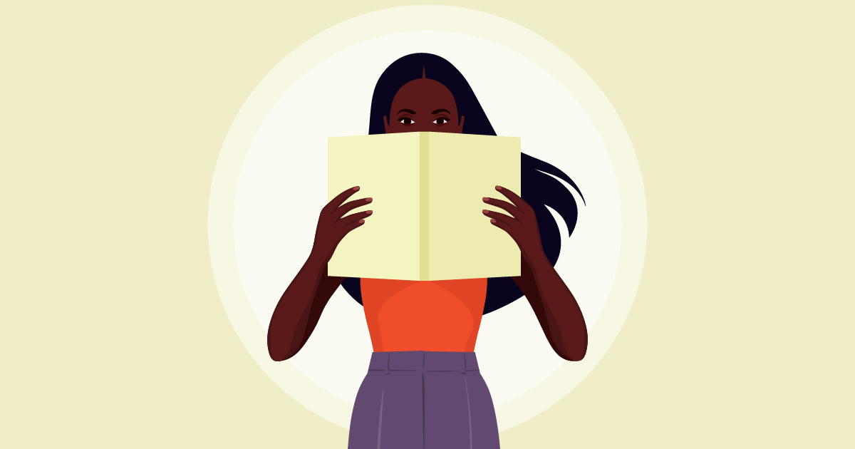 Illustration of a Black woman looking up over a book she's reading