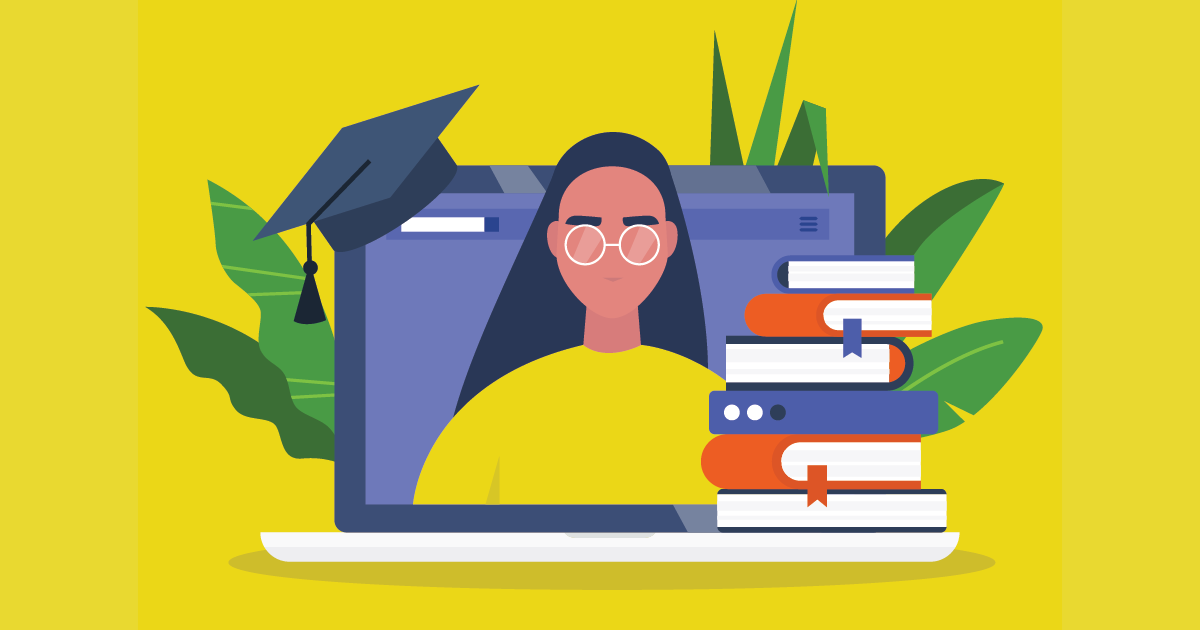 Illustration of a laptop surrounded by books. A young woman wearing glasses appears on the inside of the laptop