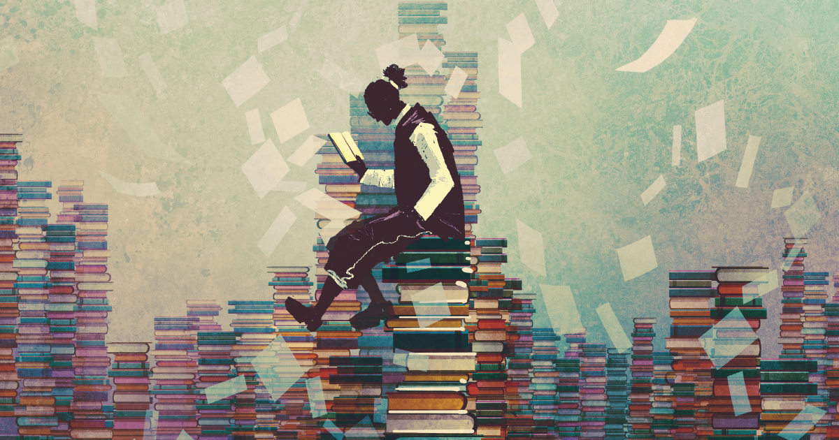 Illustration of a man sitting on a stack of books reading a book