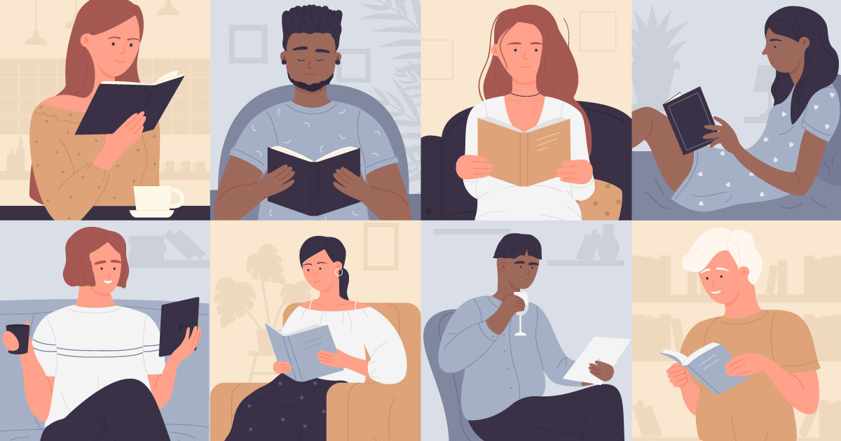 Illustration of lots of people reading books in various locations