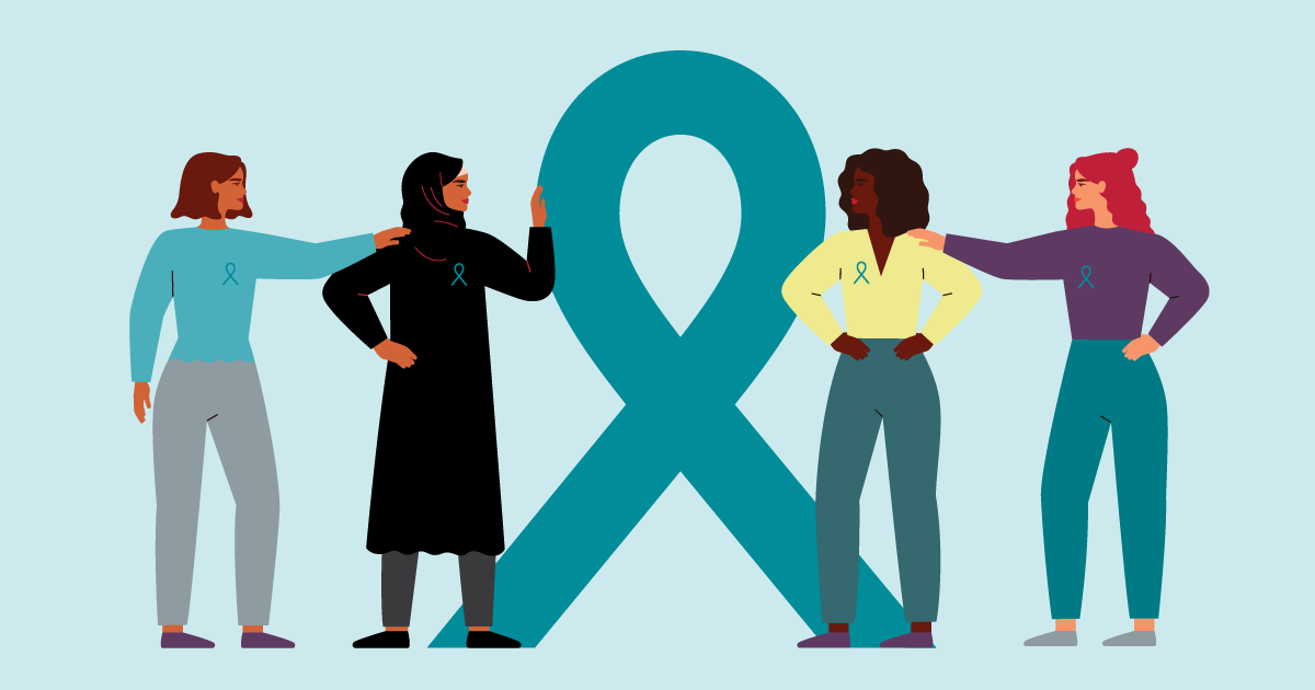 Women surrounding teal ribbon