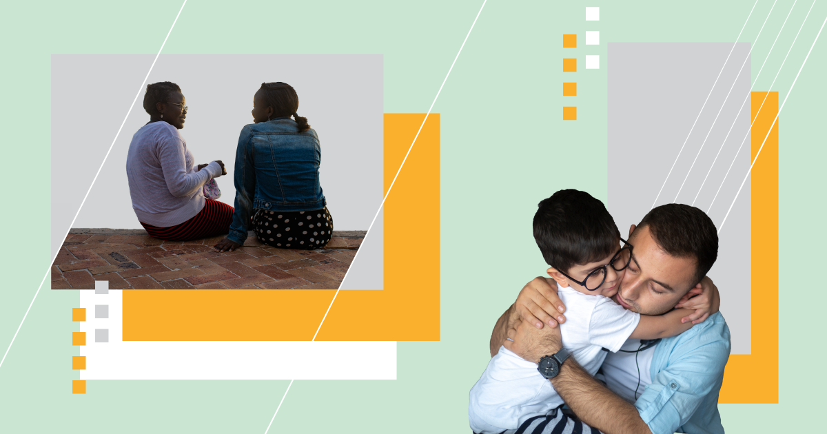 two separate images on the left and right oulled forward over a background of yellow and gray boxes over a light green background. The first image on the left shows two people sitting next to us, backs facing the viewer. One the right, a man hugs a boy lovingly