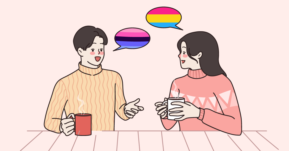 Animation of two people talking with coffee in hand. There are two chat boxes that are colored with Bi+ flag symbols, indicating that they are chatting about Bi+ issues