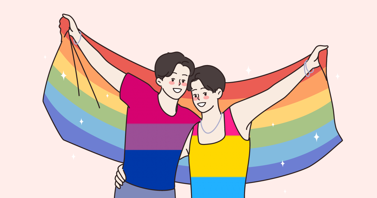 Two people side huge while both holding the rainblow flag. An Animation