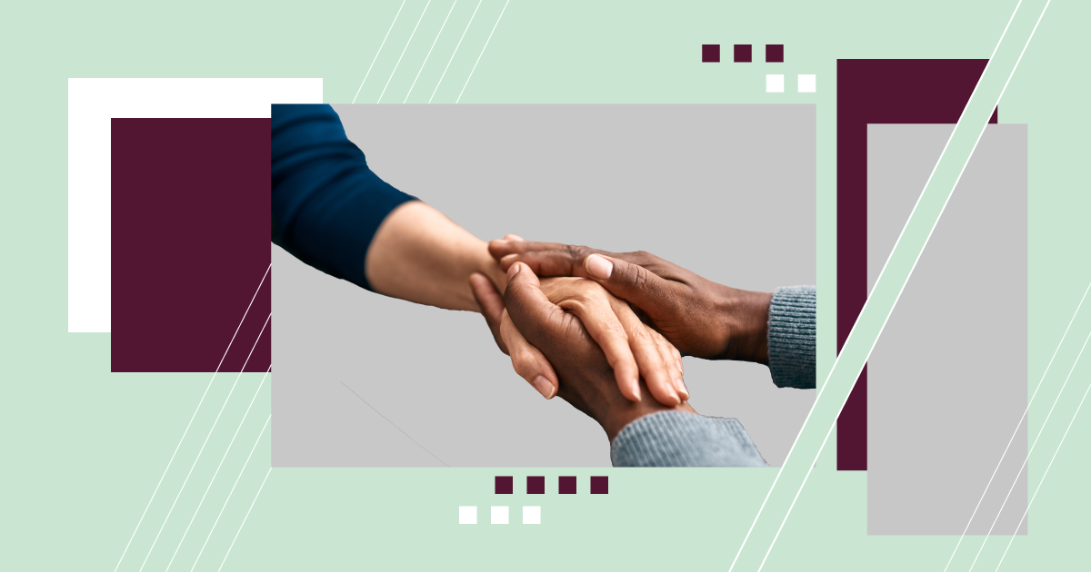 dark red, white and squares randomly placed over a light green background, with the focal image of two people embracing hands as if one is comforting another