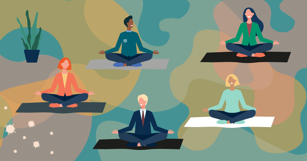 a pattern image showing multiple people meditating on a yoga mat