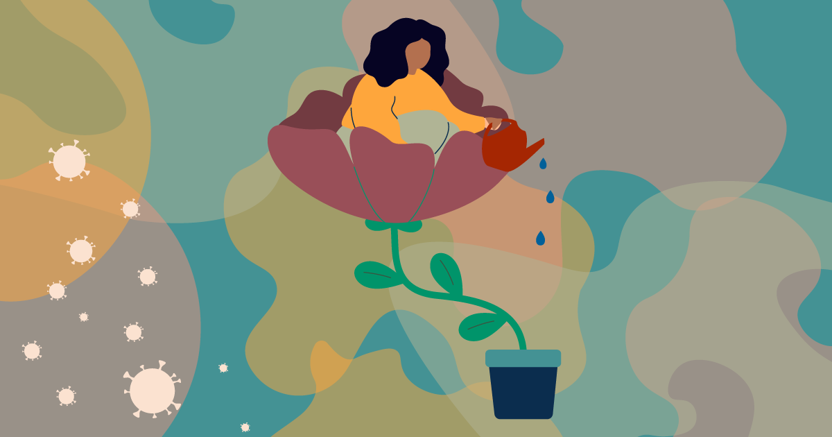 Abstract image of a plant with a woman sitting in the blossom of a flower