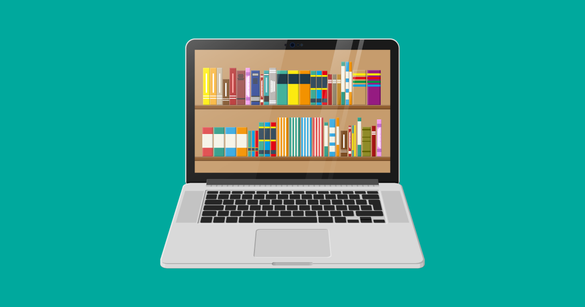 Illustration of a shelf of books on a laptop screen