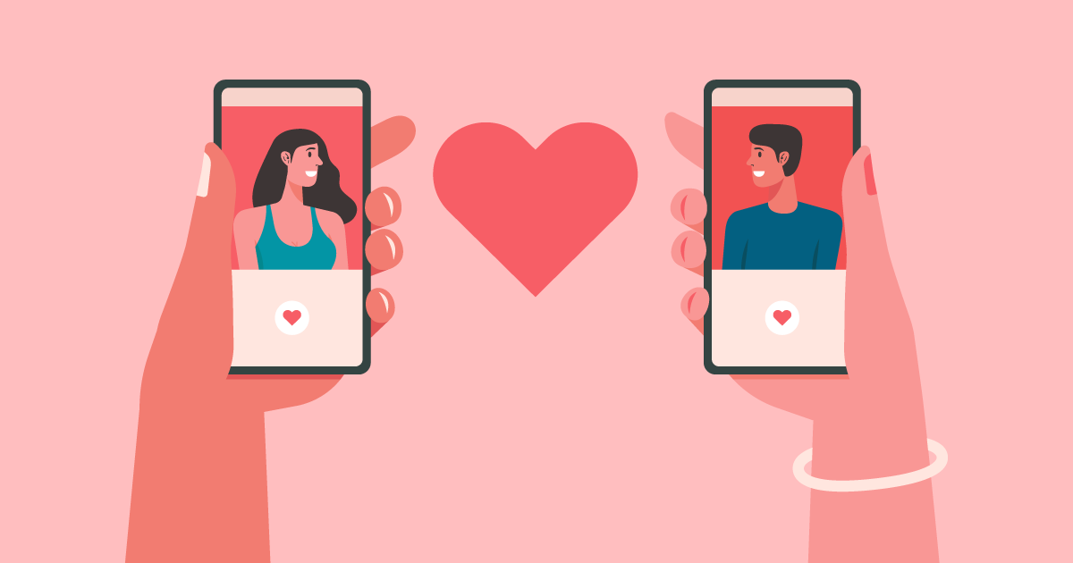 Illustration of people holding cell phones with a heart between them