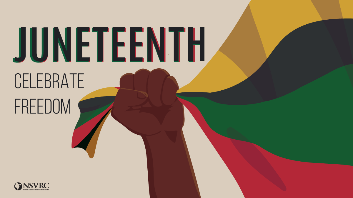 tan background with the words "Juneteenth: celebrate freedom", with a hand holding a multicolor flag