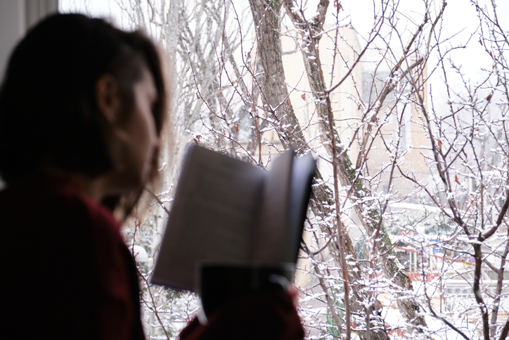 foreground shows slightly blurred image of a woman reading infront of a window with a winter forest outside