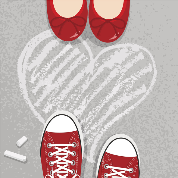 Image is an illustration showing to sets of red shoes opposite each other with the chalk drawing of a white heart between them.