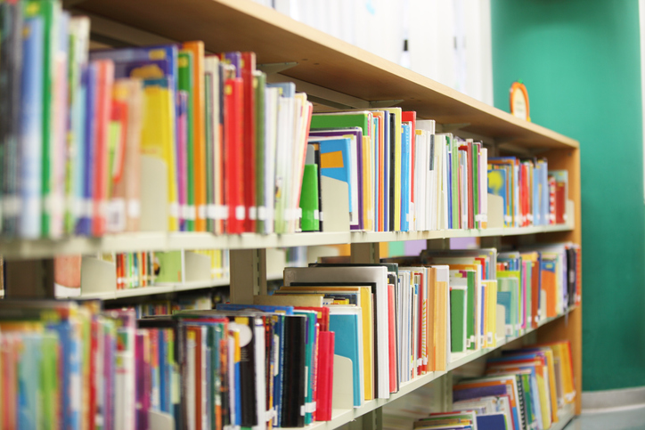 Image is a side angle of a row of books on the shelfin a school library