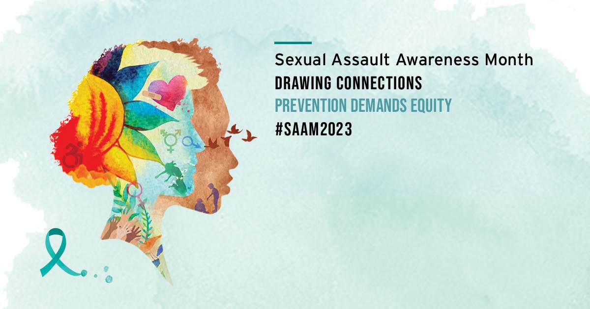 background is textured light seafoam color, with the profile of a face on the left filled with many different colored leafs and symbols. The writing says "Sexual assault awareness month 2023: Drawing Connections prevent demands equity #saam2023