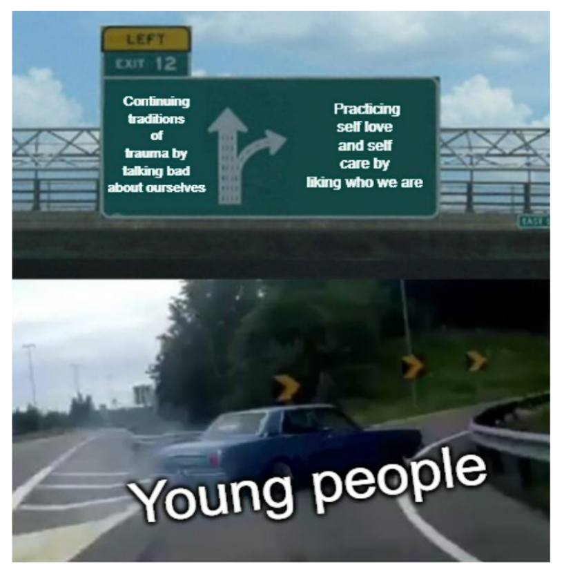 Meme shows a car pulling off a freeway on ramp with two options showing on the road sign "Continuing generations of trauma by talking bad ourselves" and "Practing self love and self care by liking who we are"