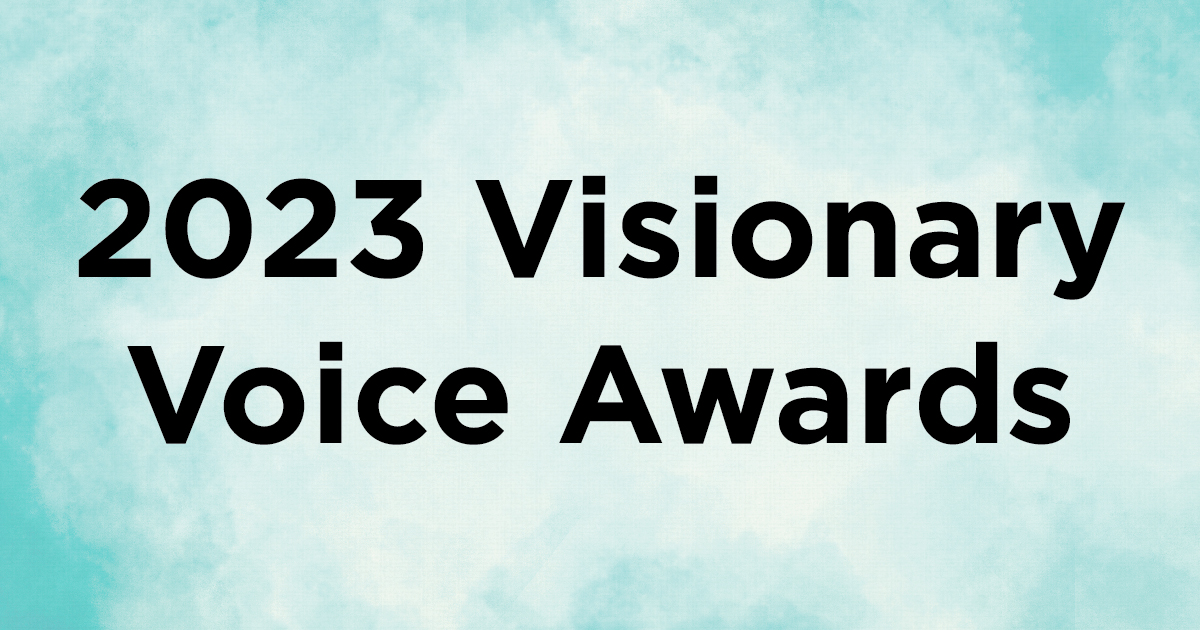 2023 Visionary Voice Awards in black text over a light blue watercolor background