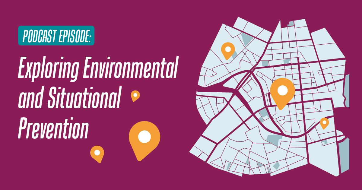 text "Exploring Environmental and Situational Prevention " and on the left if the graphic of a map with pindrops