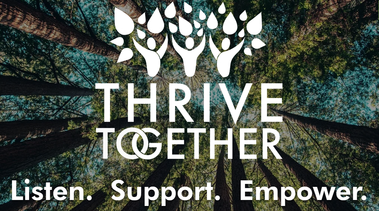 forest background with the Thrive together logo and the words "listen. support. empower" underneath