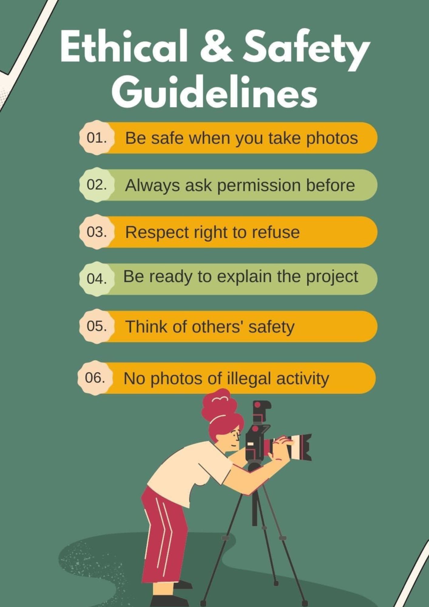 A person with red hair in ponytail holding a camera getting ready to take a photo below a list of 6 tips for ethical and safe photography.