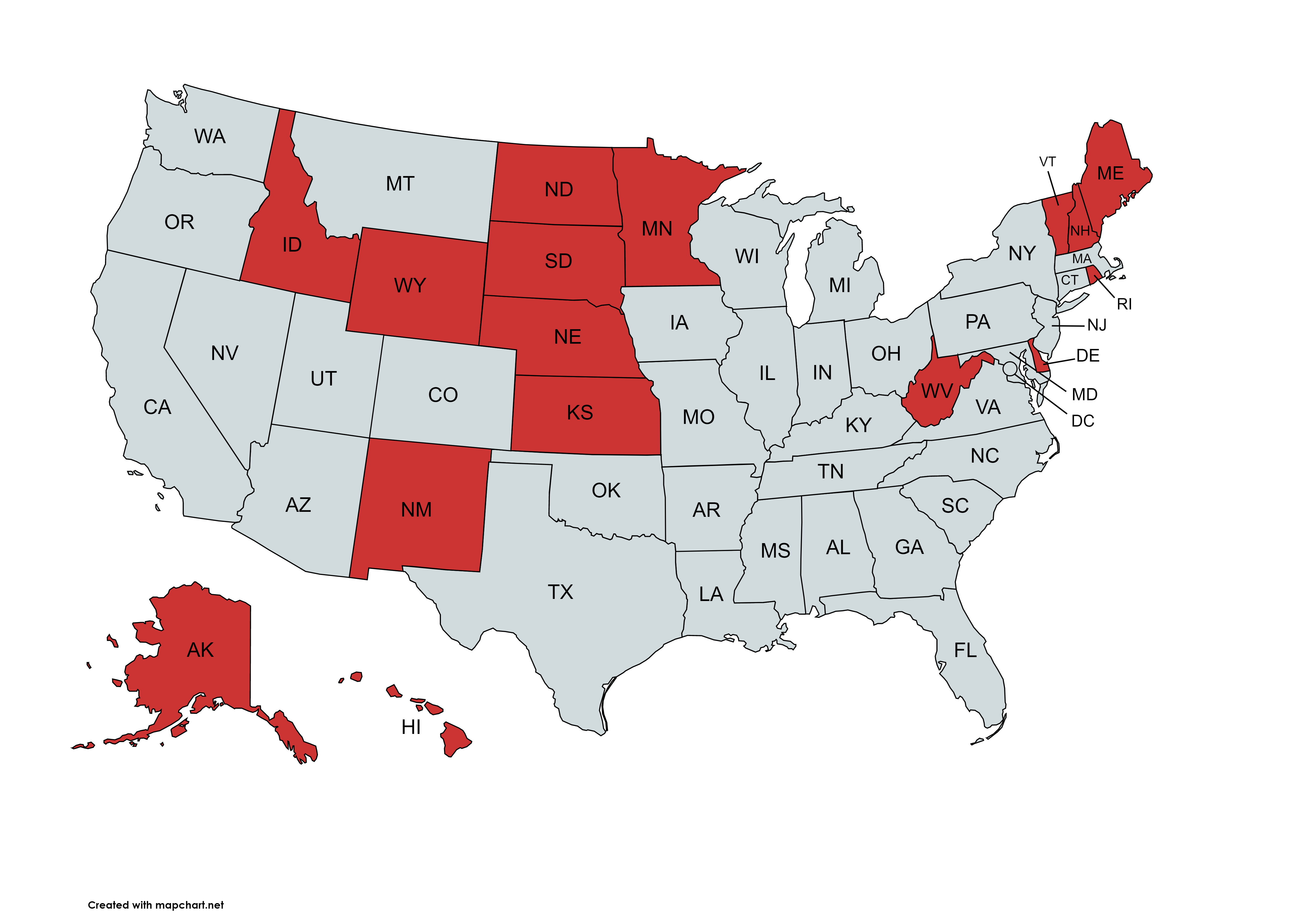map highlighting in red the states listed in the article