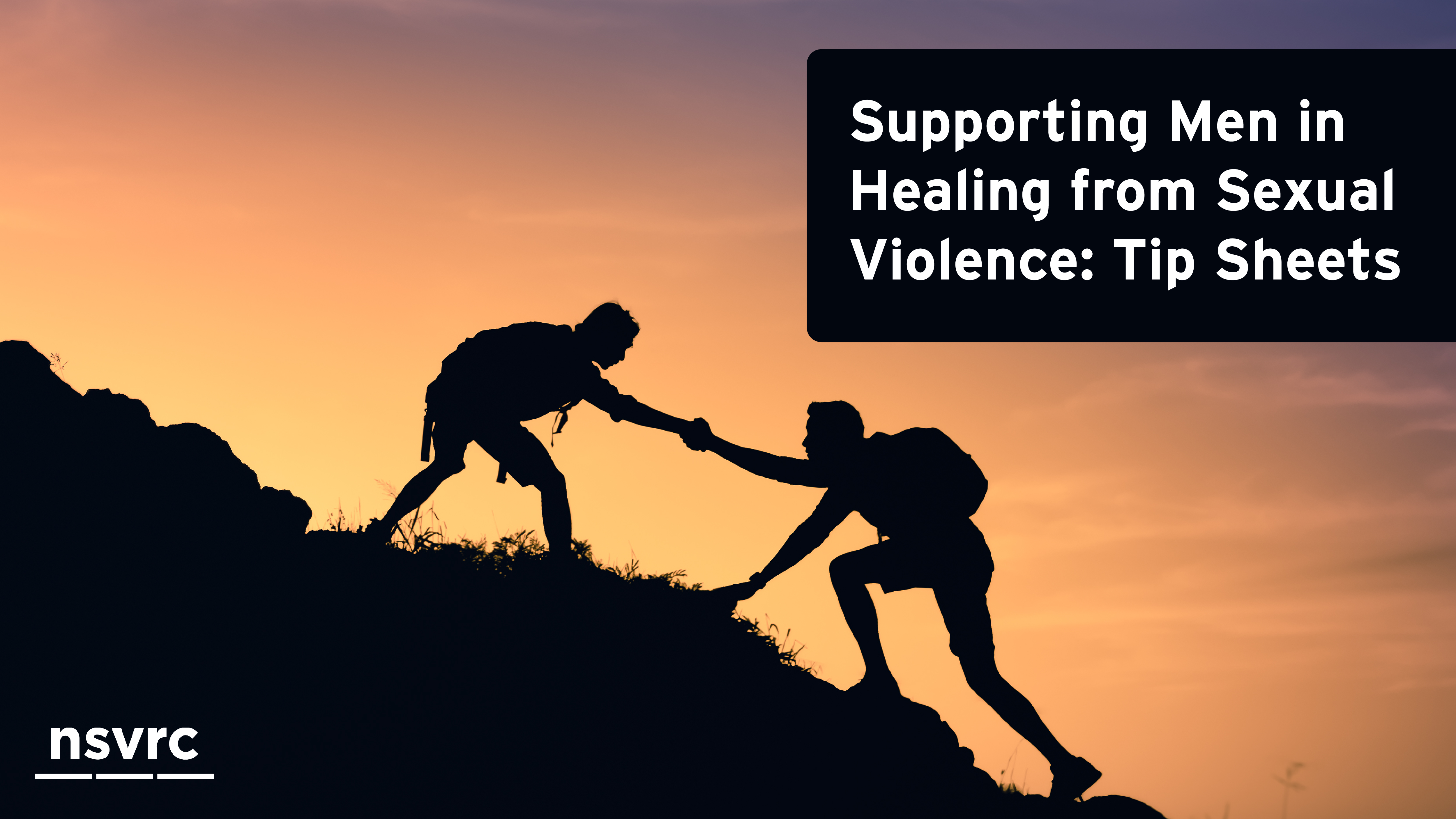 Supporting Men in Healing graphic shows a silhoutte of two climbers, one lending a hand to help pull the other up