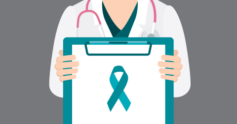 Nurse holding up a clipboard with a teal ribbon