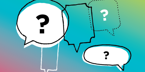 Speech bubbles with question marks against a rainbow background