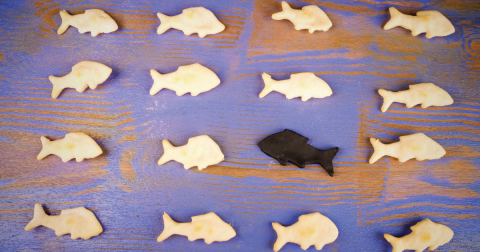 A field of white crackers shaped like fish facing one way, with one black fish facing the other way