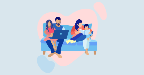 Illustration of a family of four sitting on the couch looking at a computer and reading together