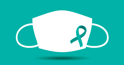 Face mask with a teal ribbon design on it