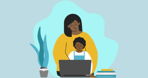 Illustration of a mother and child looking at a laptop together
