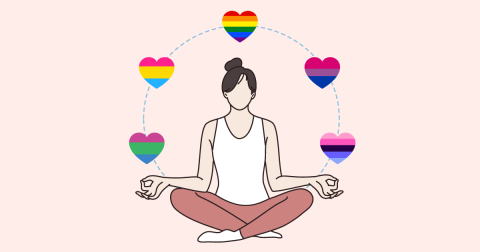 An animated woman is sitting cross legged on the ground with different colored hearts revolving around her signifying the different Bi+ flags