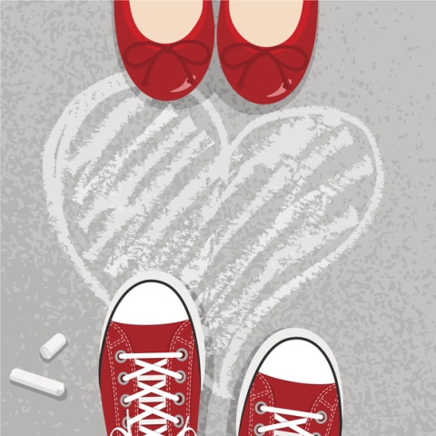 Image is an illustration showing to sets of red shoes opposite each other with the chalk drawing of a white heart between them. 