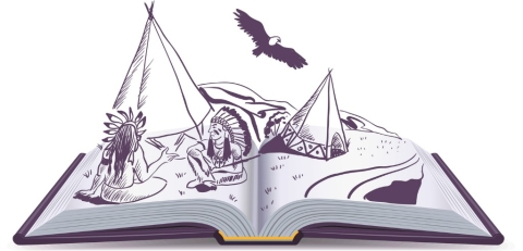 image shows a black and white drawing of an open book with the images popping out and coming to life. The images are of a native american theme, with two Native americans in full dress sitting talking between two teepees while an eagle flies overhead. 