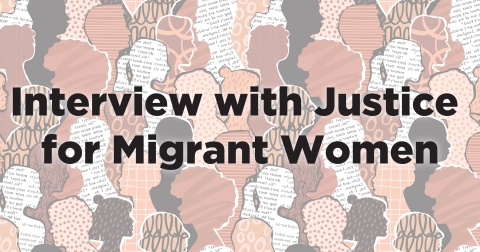 Multi-colored silhouettes of heads, with black print on top that reads "Interview with Justice for Migrant Women"