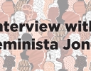 Multi-colored silhouettes of heads, with black print on top that reads "Interview with Feminista Jones"