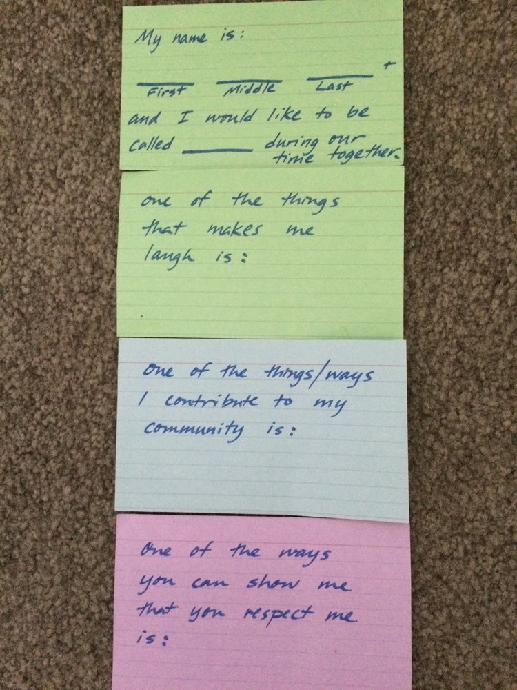 colored index cards with prompts